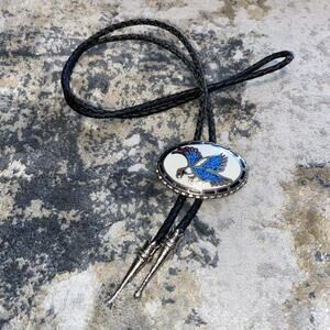 Vintage Eagle Bolo Tie Silver Tone with Inlaid Faux Turquoise Coral